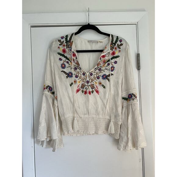 Alice + Olivia Cream Jacquard Embroidered Boho Romantic Bell Sleeve Blouse Sz m - Picture 1 of 7